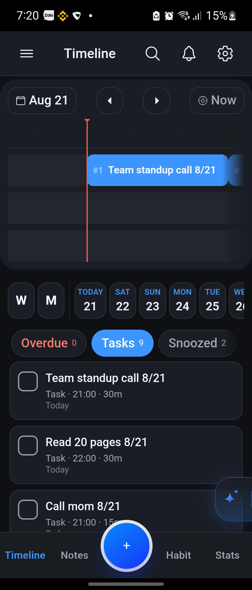 Timeline screen with a task placed at the current time, week strip, and Overdue/Tasks/Snoozed filter pills