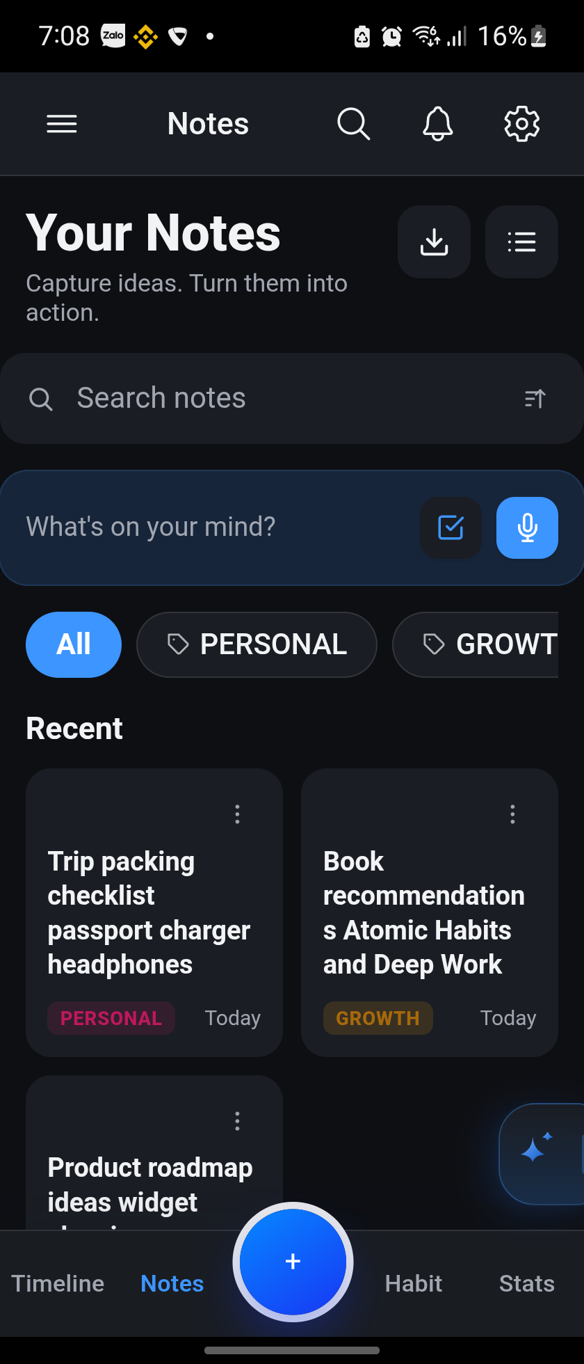 Notes list with tag filters and a quick-capture bar