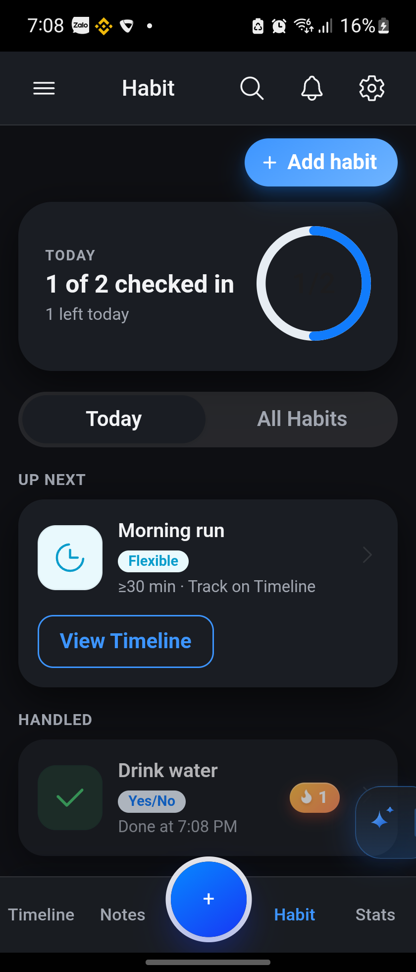 Habit screen showing today's check-in ring, a Flexible habit 'Morning run', and a completed Yes/No habit 'Drink water'