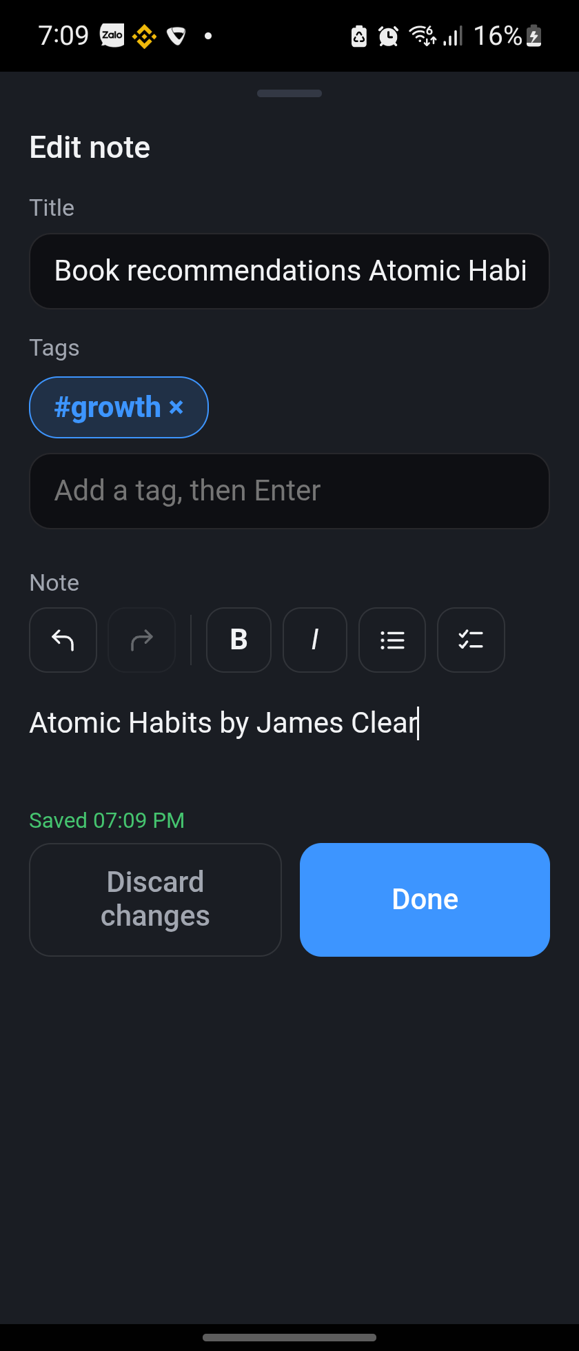 Note editor with title, tags, and a rich-text toolbar for bold, italic, bullet list, and checklist, showing an autosave timestamp