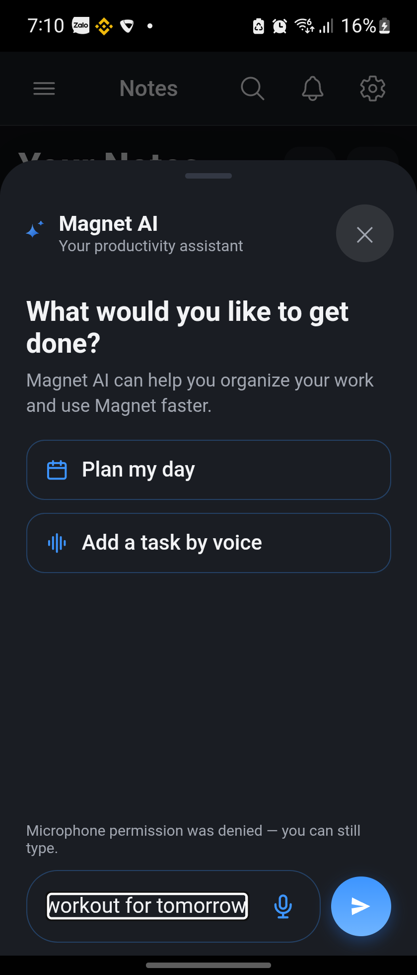 Magnet AI assistant sheet with 'Plan my day' and 'Add a task by voice' suggestions