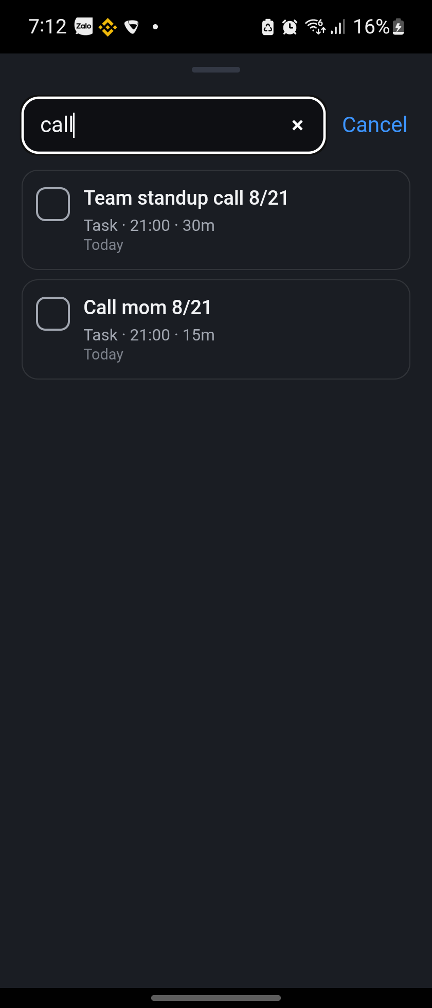 Search screen with results for a query