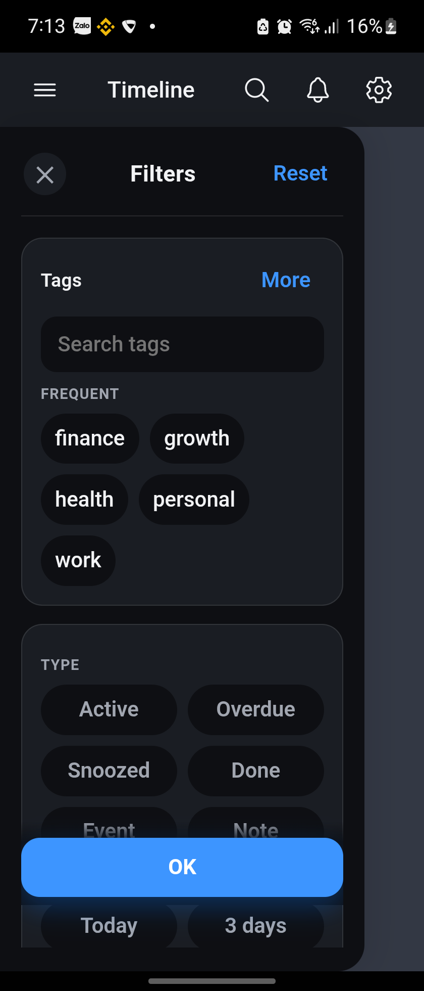 Master Filter panel with tag chips and status/type toggles