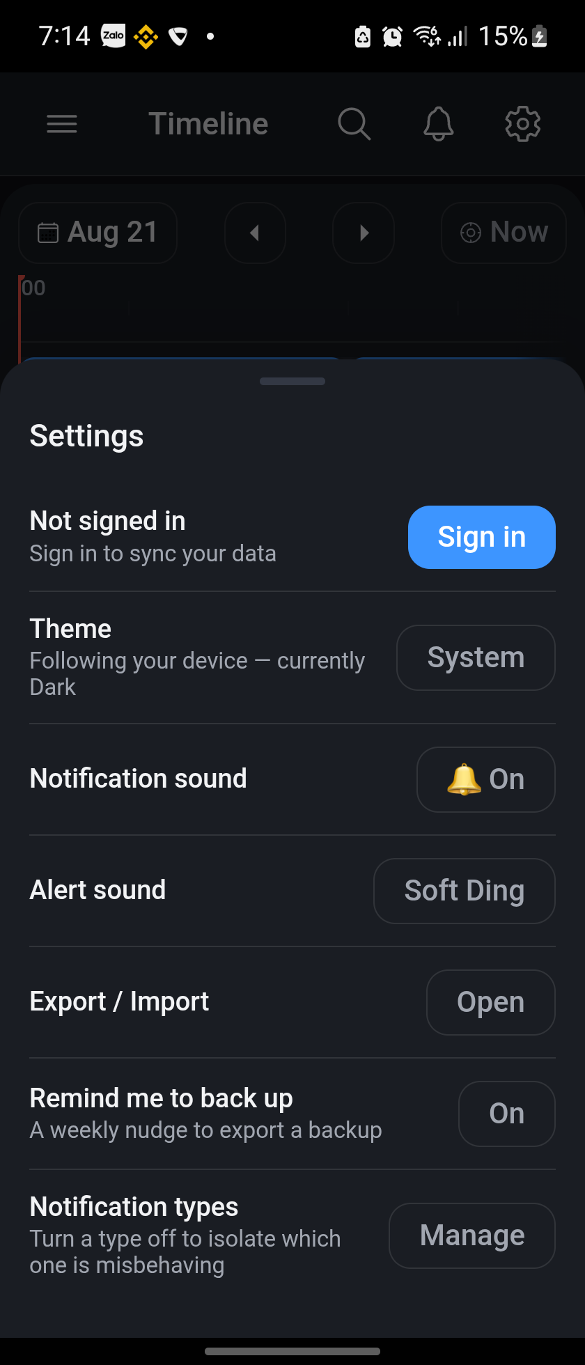 Settings screen with theme, notification sounds, and export/import options