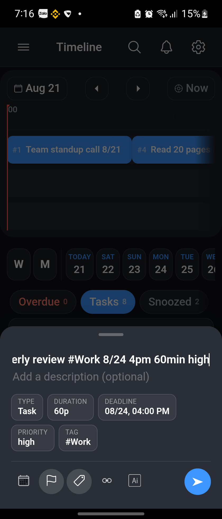 Quick add composer showing a typed task auto-parsed into Type, Duration, Deadline, Priority, and Tag fields