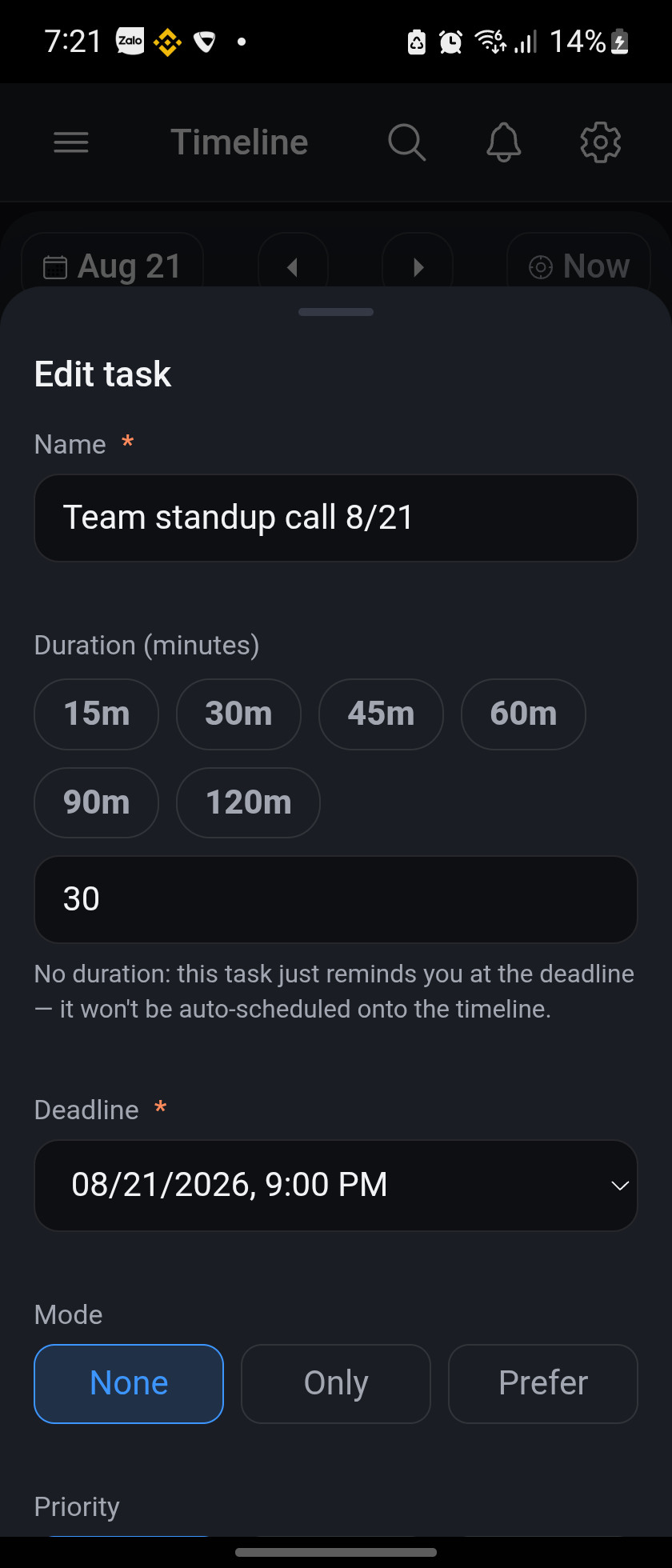 Edit task sheet with duration presets, deadline picker, and Mode selector